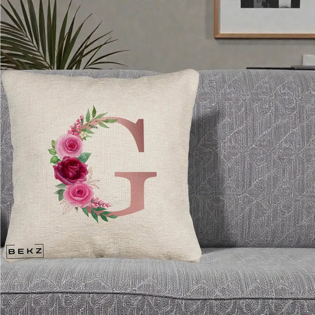 Cadou Personalizat - Perna Personalizata Monograma Rose Gold Litera G, 40x40 cm, Bej Canapea, Husa Detasabila, Perna Inclusa, BEKZ®