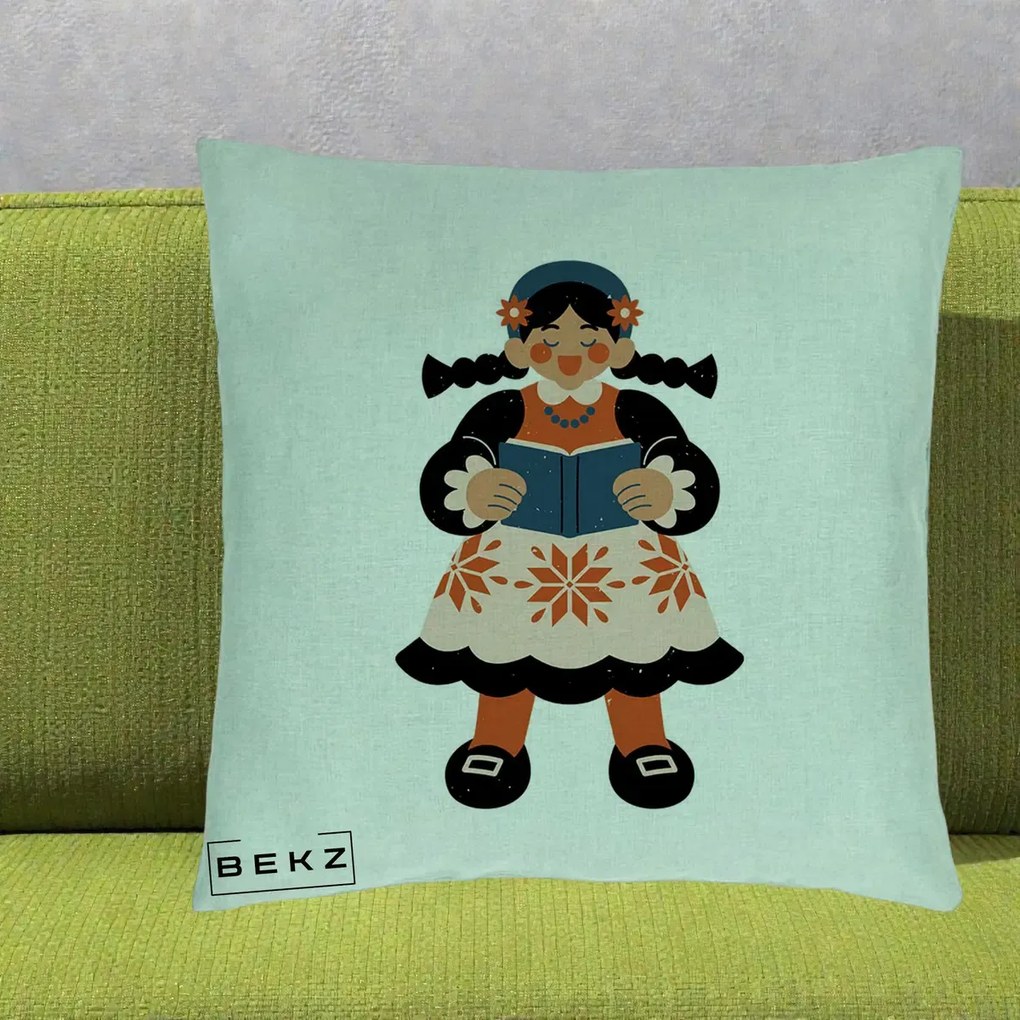 Perna Personalizata Fetita cu Carte Ilustratie Folk, 40x40 cm, Verde Menta, Husa Detasabila, Perna Inclusa, BEKZ®
