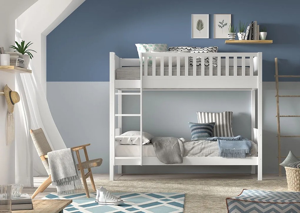 Pat supraetajat pentru copii SCOTT, alb, 90 x 200 cm, din pin scandinav și MDF, cu somiere incluse și sertar mare pentru loc de dormit suplimentar –
