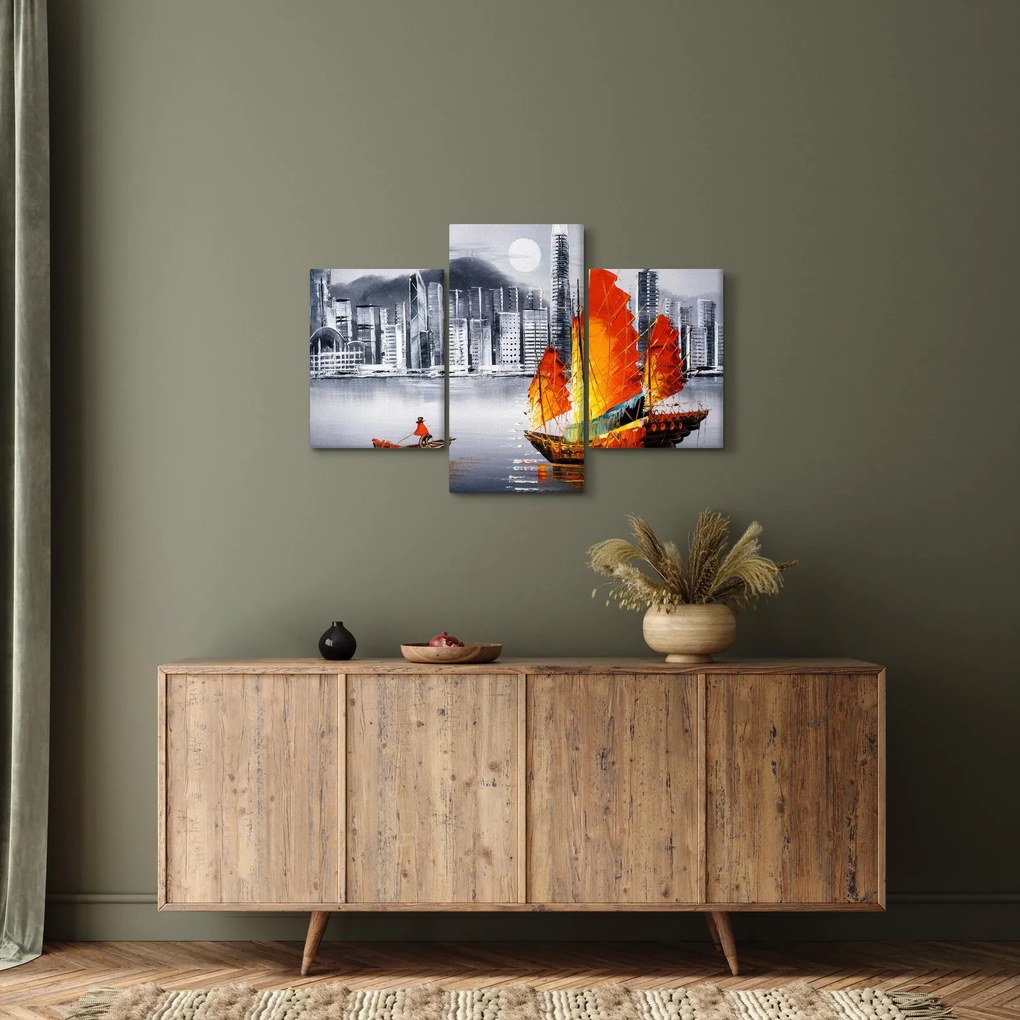 Tablou - Victoria Harbour, Hong Kong, pictură în ulei alb- negru (90x60 cm)