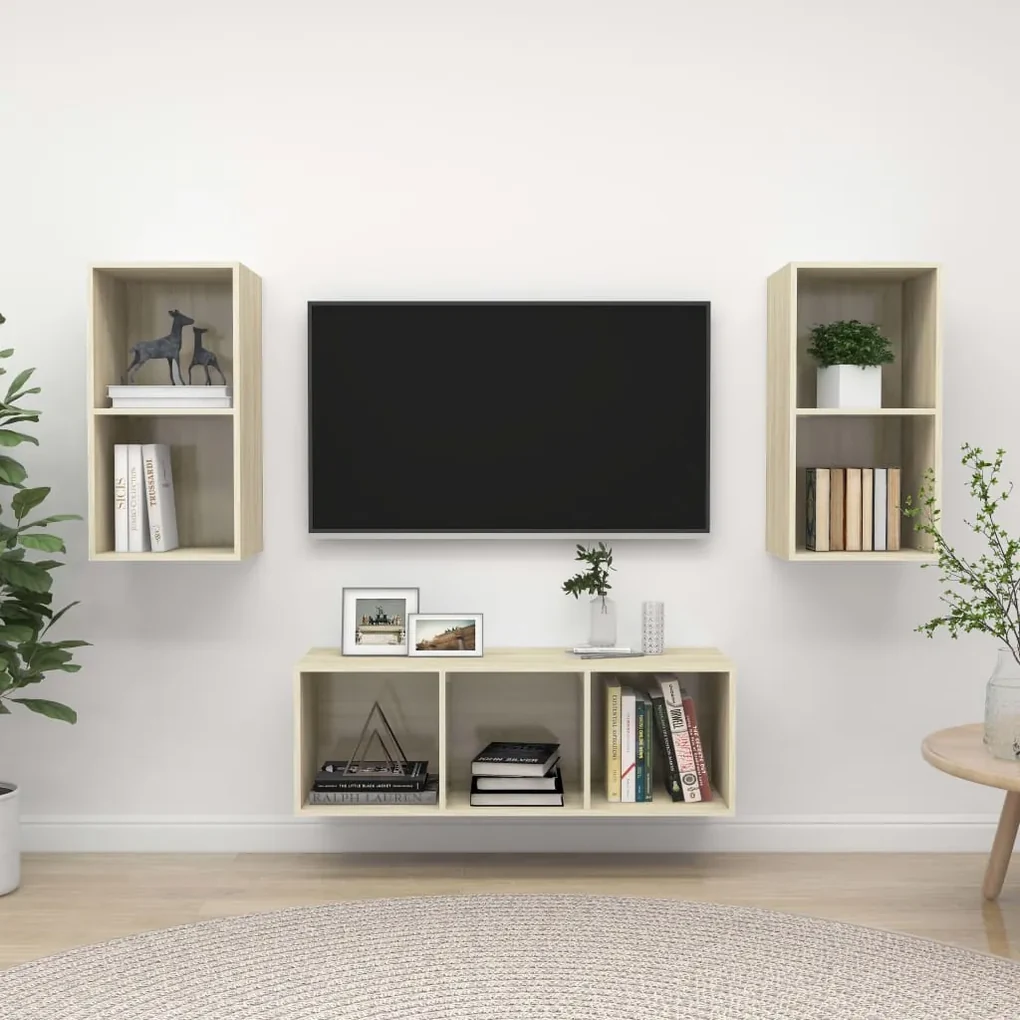 3079739 vidaXL Set de dulapuri TV, 3 piese, stejar Sonoma, lemn prelucrat