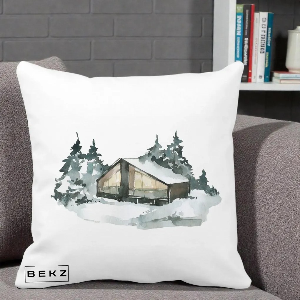 Perna Decorativa Cabana de Iarna in Padure, 40x40 cm, Alba Mata, Husa Detasabila, Perna Inclusa, BEKZ®