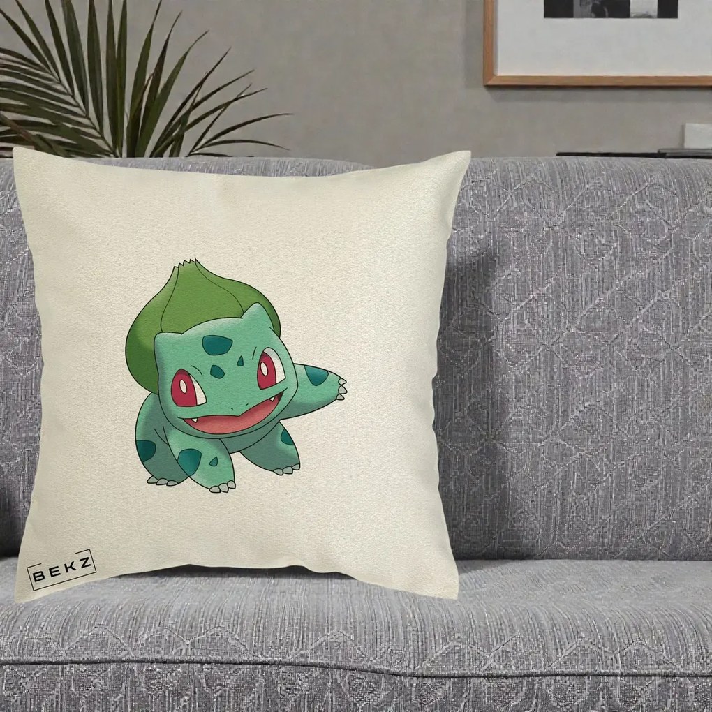 Perna Personalizata Bulbasaur Pokemon, 40x40 cm, Ecru, Husa Detasabila, Perna Inclusa, BEKZ®