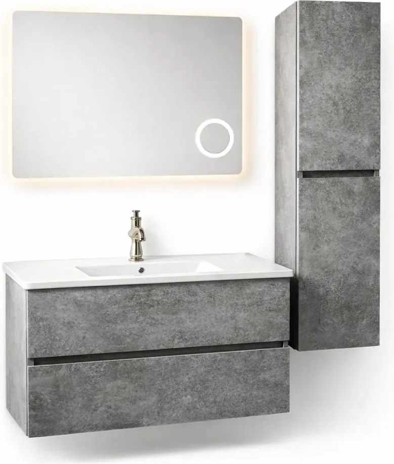 Set Mobilier Baie Stone 80 cm oglinda cu LED, dezaburire si lupa, lavoar ceramic, soldat inclus, MDF total