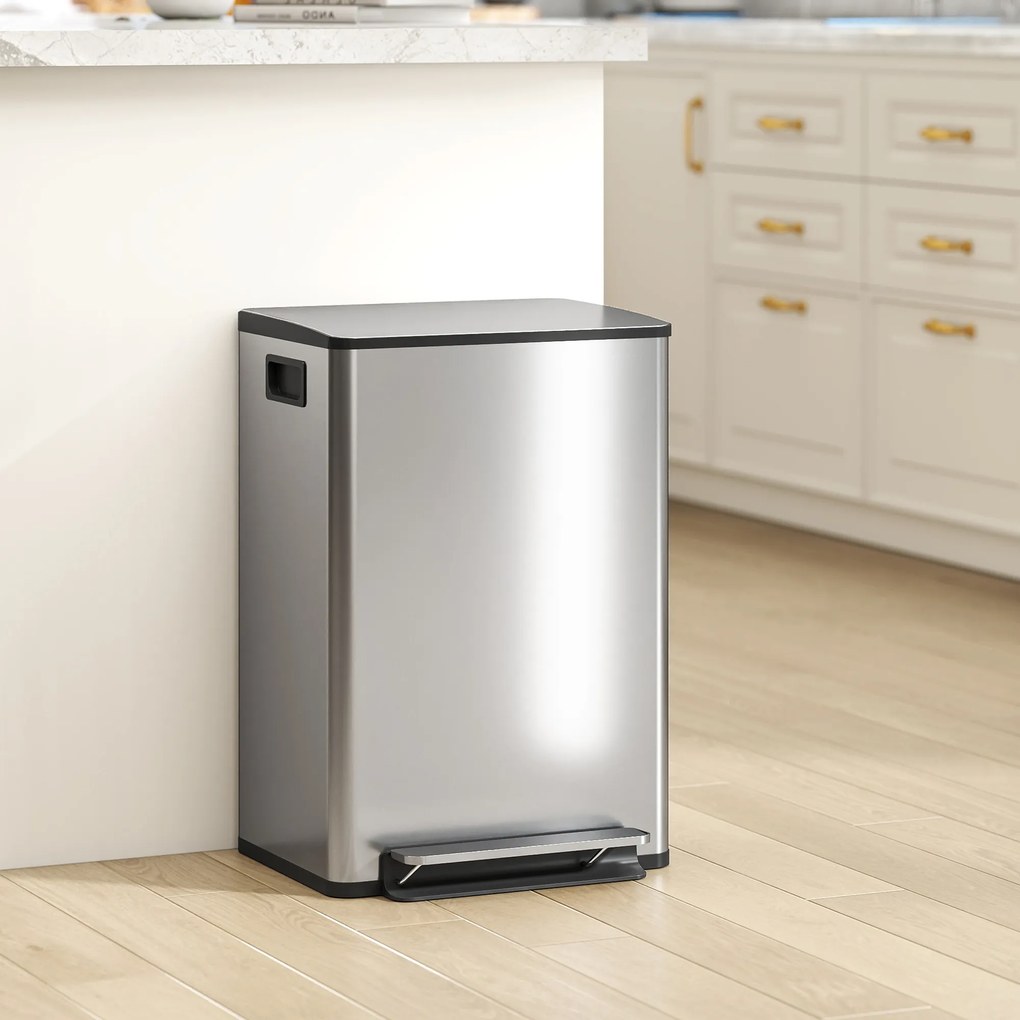HOMCOM Coș de gunoi bucătărie 50L, coș cu pedală, găleată interioară detașabilă, capac cu închidere silențioasă, 41,7x36,6x62cm, argintiu | Aosom Romania