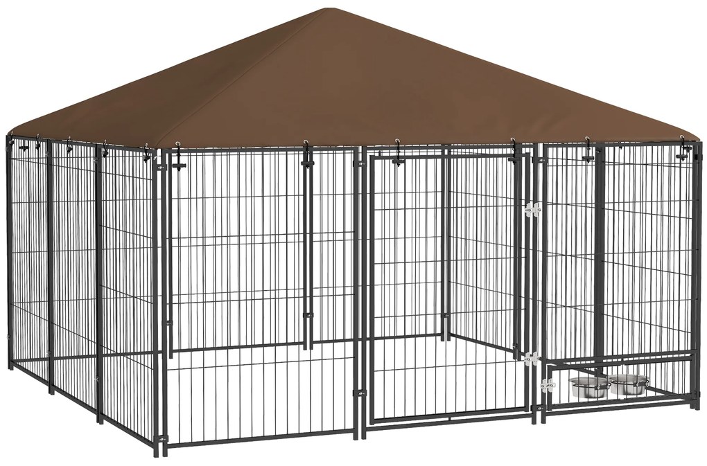 PawHut Tarc Câini din Metal cu Ușă pentru Bol, Padoc caine pentru Exterior cu Acoperiș din țesătură Oxford, 211x211x151 cm, Negru | Aosom Romania