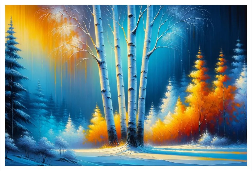 Tablou peisaj de iarnă cu copaci colorați