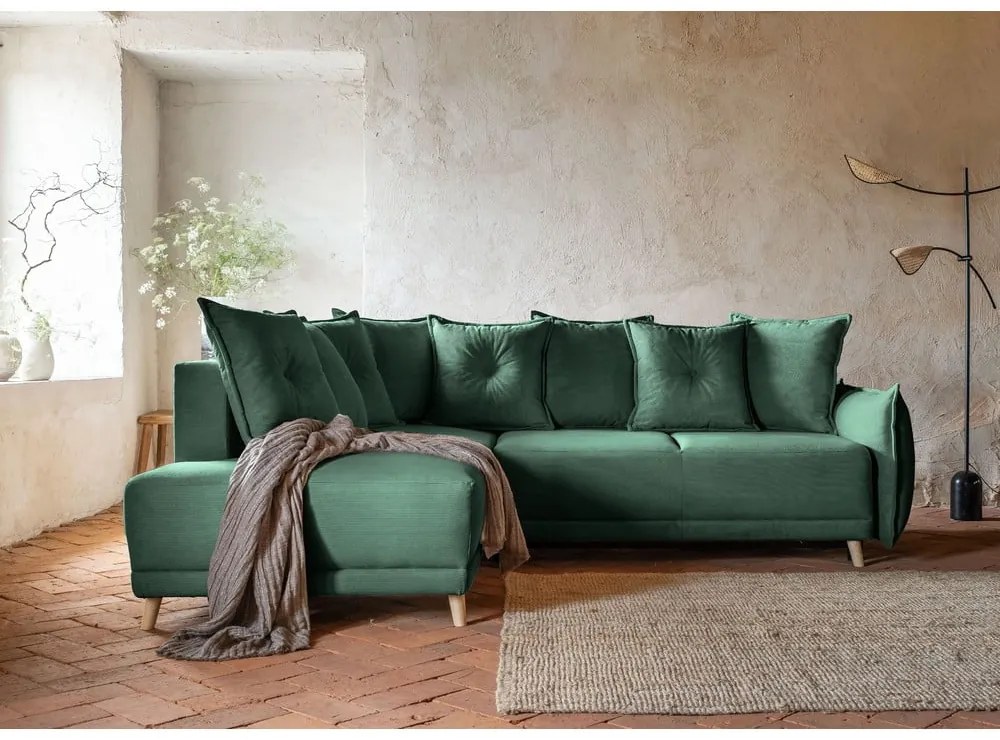 Colțar verde extensibil cu tapițerie din catifea reiată (colț stânga) Lazy Lukka – Miuform