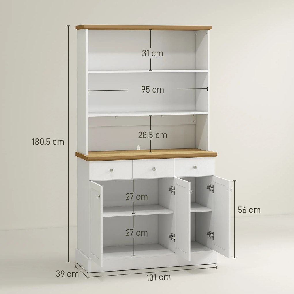 HOMCOM Bufet de Bucătărie cu 3 Compartimente Deschise, 101x39x180,5 cm, Alb | Aosom Romania