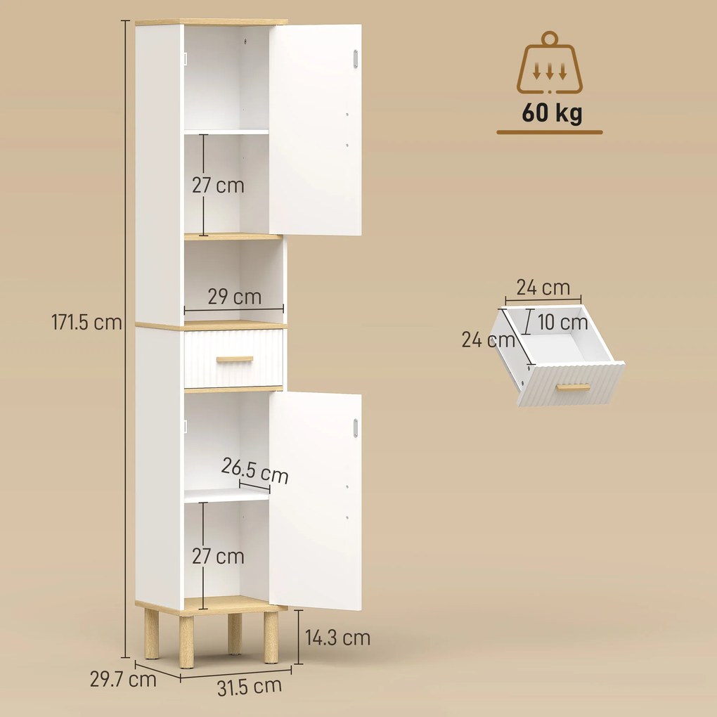 HOMCOM Coloană de baie îngustă cu rafturi reglabile, sertar, compartiment deschis 31,5x29,7x171,5 cm Alb | Aosom Romania