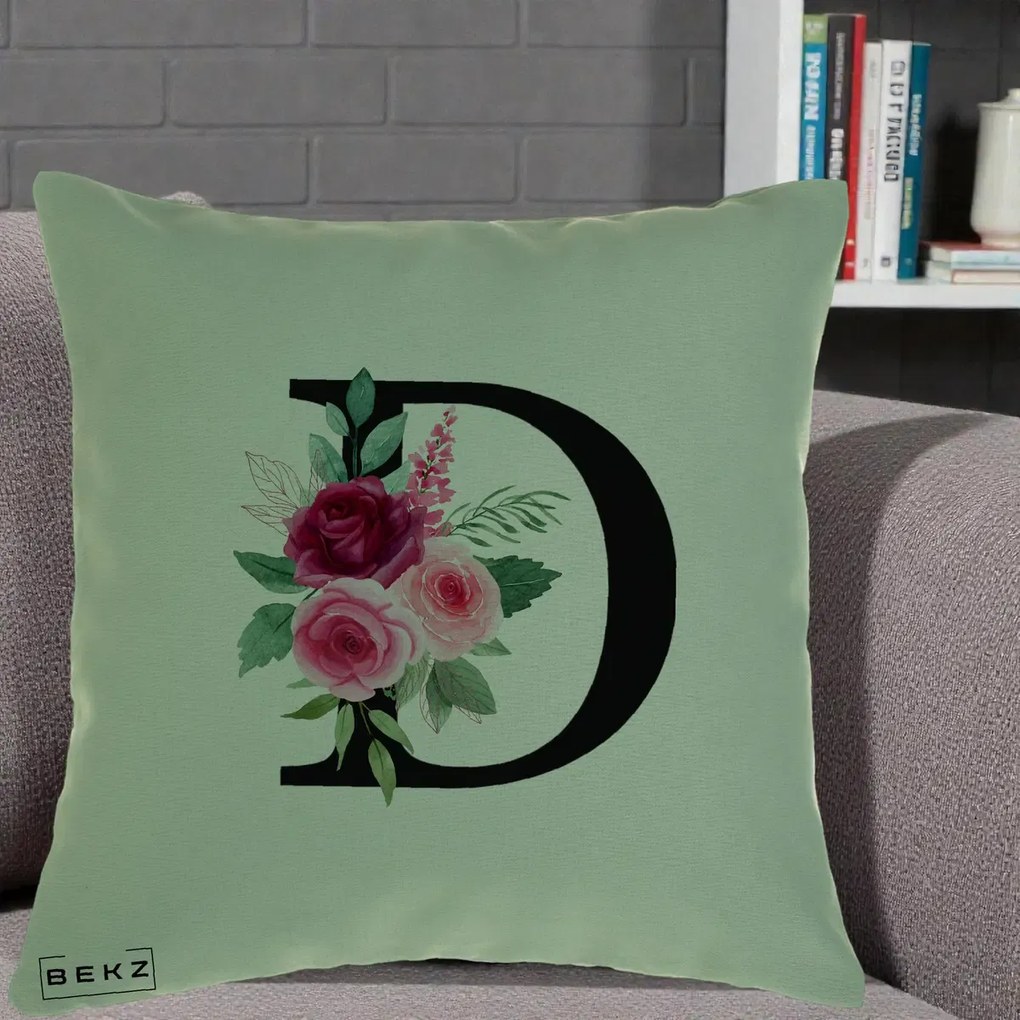 Cadou Personalizat - Perna Personalizata Monograma Florala Litera D, 40x40 cm, Verde, Husa Detasabila, Perna Inclusa, BEKZ®