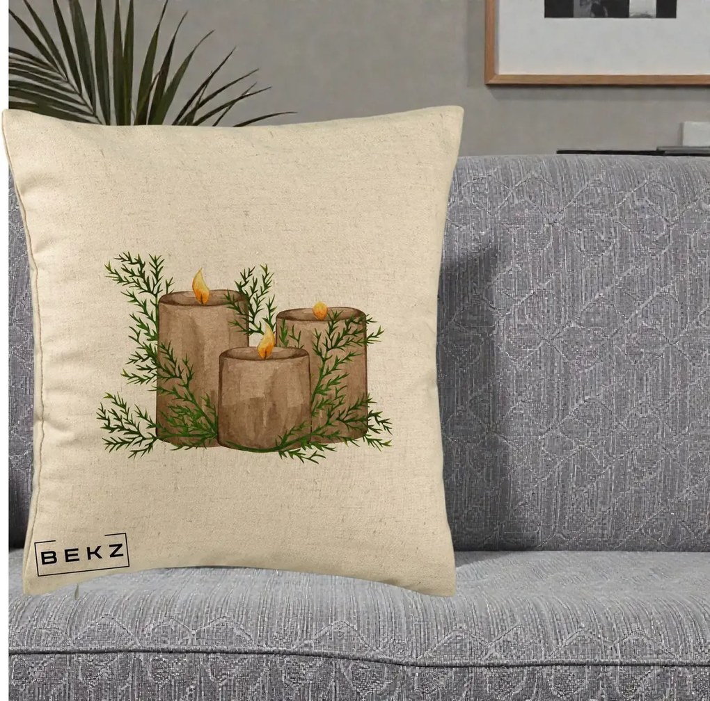 Perna Decorativa Lumanari Rustice cu Crengute Brad, 40x40 cm, Bej, Husa Detasabila, Perna Inclusa, BEKZ®