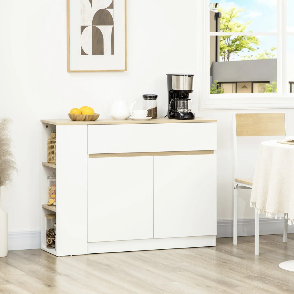 HOMCOM Bufet mobilier depozitare cu 2 sertare 3 rafturi deschise și dulap 2 uși 110 x 29,5 x 82 cm alb | Aosom Romania
