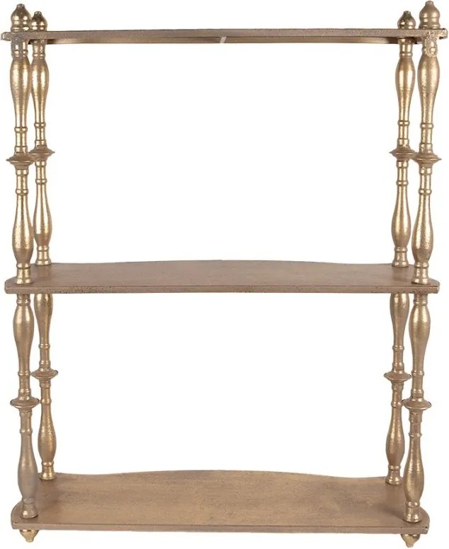 Etajeră de perete vintage din metal, auriu, cu 3 rafturi și coloane în formă de balustru, 76 x 60 x 22 cm, „Celestine”
