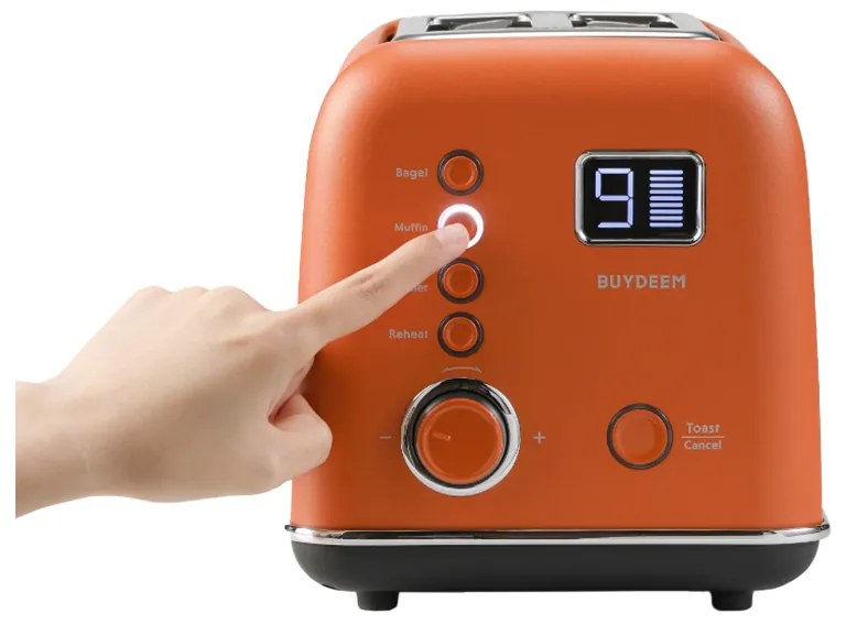 Prajitor de paine BUYDEEM DT730E, 900W, 2 felii, 9 programe automate, 9 trepte de prajire, Carcasa din otel inoxidabil, Afisaj LCD, Indicatori LED, Auto-centrare, Timer, Portocaliu