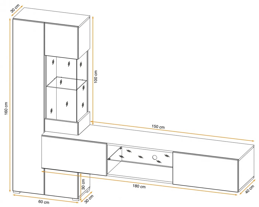 Set mobila Living moderna , 210 cm lungime, antracit inchis  stejar artisan, usi deschidere push open,  comoda tv suspendata, vitrina sticla, led