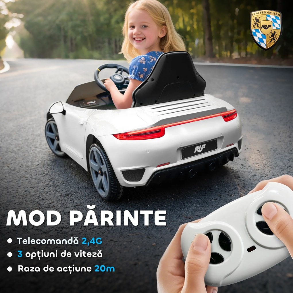 AIYAPLAY Mașină pentru Copii 3-5 Ani cu Licență Oficială RUF GT, Telecomandă, Centură de Siguranță și Muzică, Alb | Aosom Romania