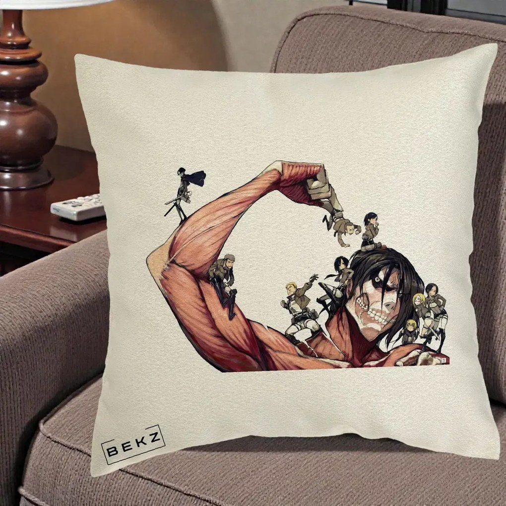 Perna Personalizata Attack on Titan Eren Titan Grup, 40x40 cm, Ecru, Husa Detasabila, Perna Inclusa, BEKZ®
