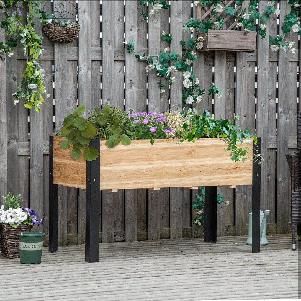 Outsunny Pat înalt de grădină, cutie pentru flori, ghiveci, pat pentru plante aromatice cu material nețesut, lemn masiv, oțel, Lemn natural+Negru 120 x 60 x 74 cm | Aosom Romania