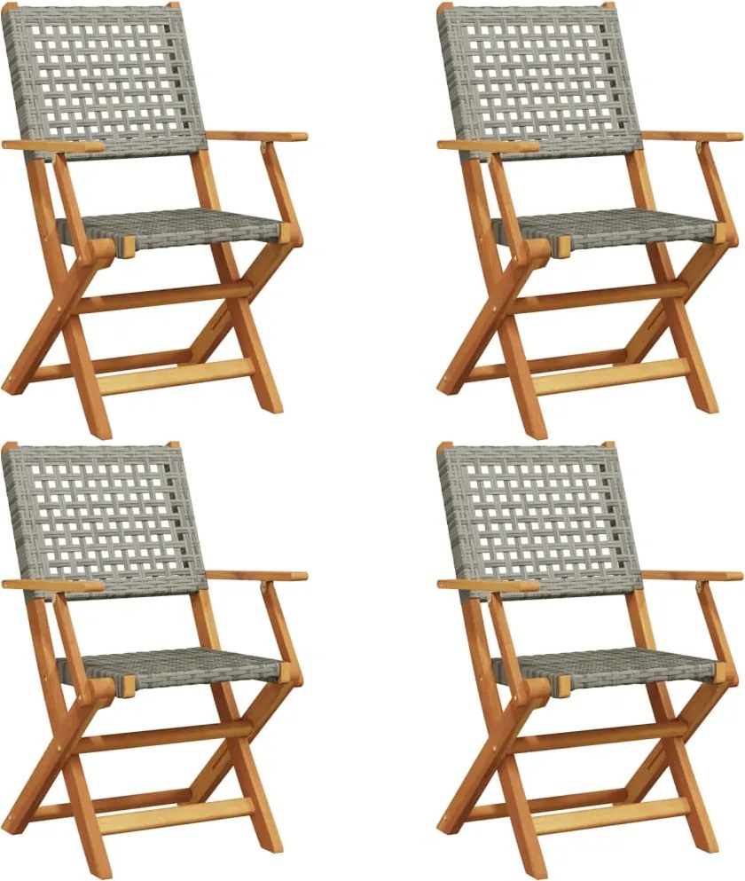 vidaXL Scaune de grădină pliabile 4 buc., gri, poliratan și lemn masiv