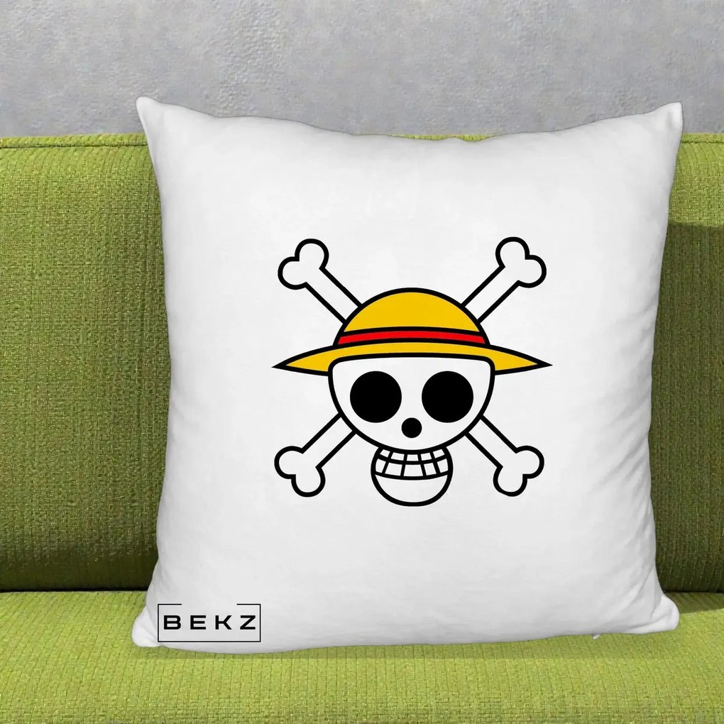 Perna Personalizata One Piece Jolly Roger Straw Hat Pirates, 40x40 cm, Alb Pufos, Husa Detasabila, Perna Inclusa, BEKZ®