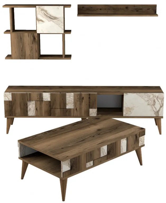 Set Comoda TV si Masuta de Cafea Living Madrid Alb-Walnut