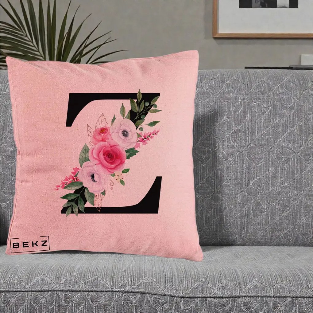 Cadou Personalizat - Perna Personalizata Monograma Florala Litera Z cu Buchet, 40x40 cm, Roz, Husa Detasabila, Perna Inclusa, BEKZ®