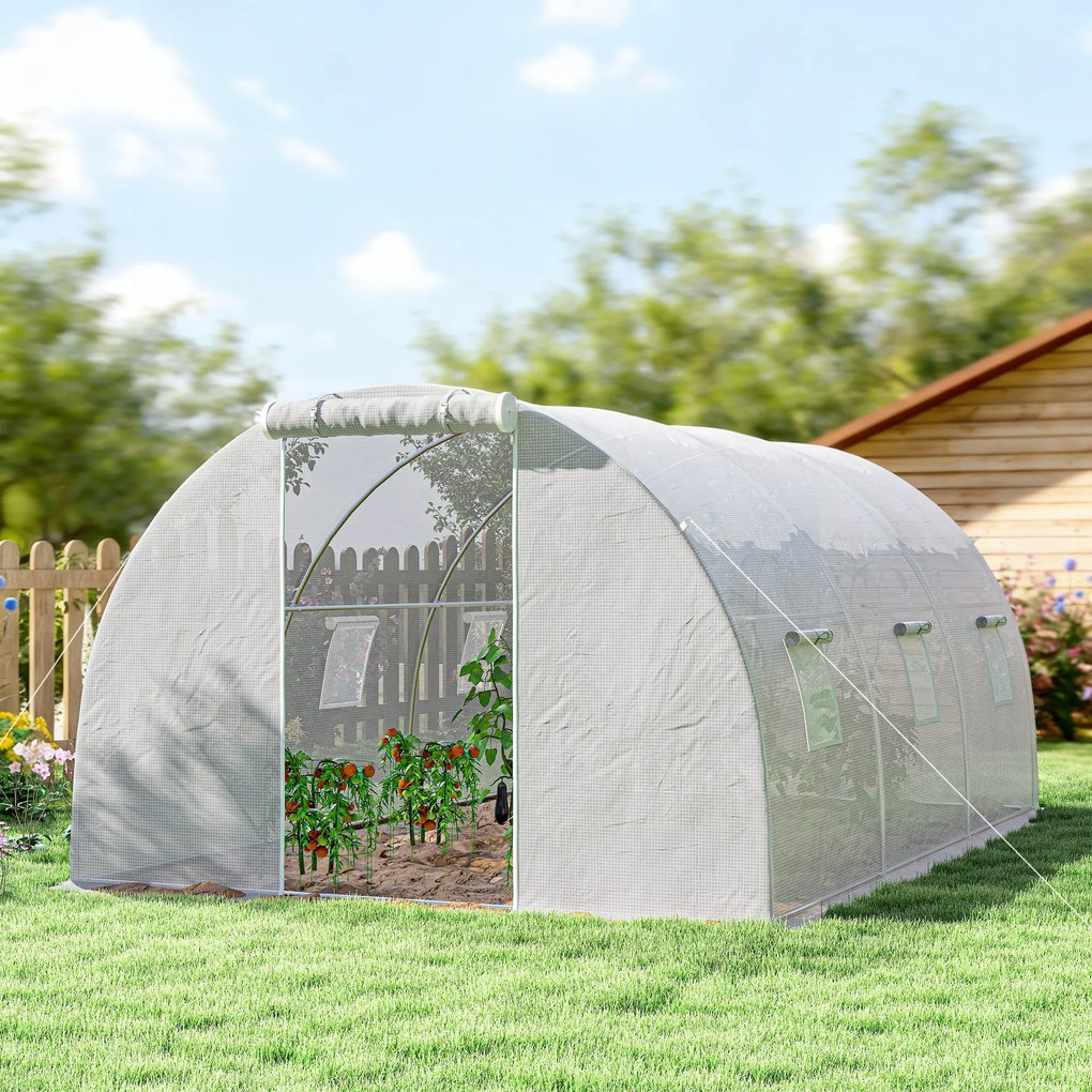Outsunny Seră de grădină tunel 13,5 m² 6 ferestre, ușă rulantă cu fermoar cadru oțel galvanizat, prelată PE 4,5 x 3 x 2 m alb | Aosom Romania