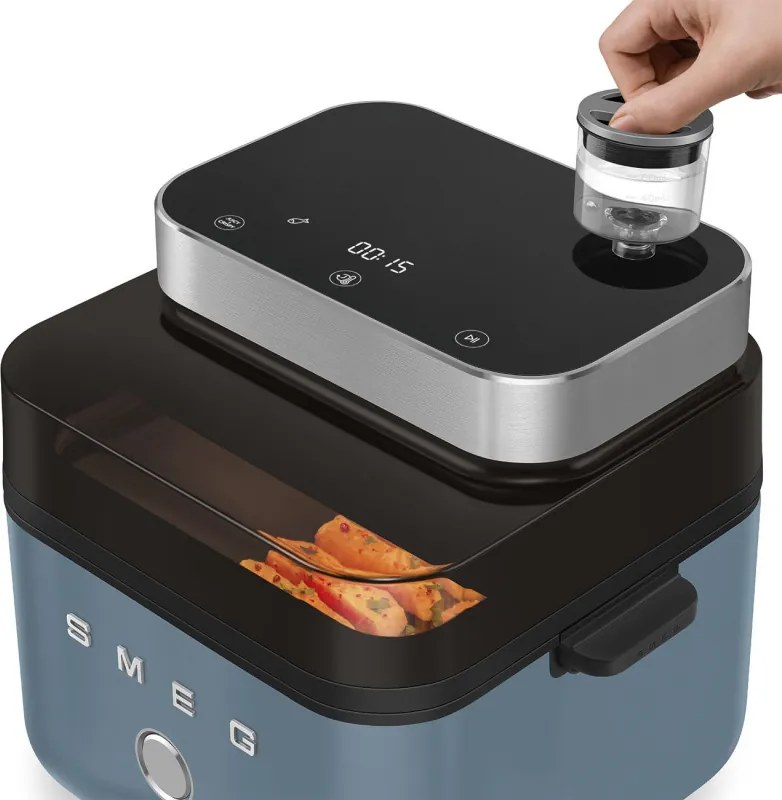 Friteuza cu aer cald Smeg Collezione AFC01SBMAU, 1450 W, 7,3 l, 40-200°C, 7 programe, Mod dublu, Comandă tactila, Timer, LED, Albastru