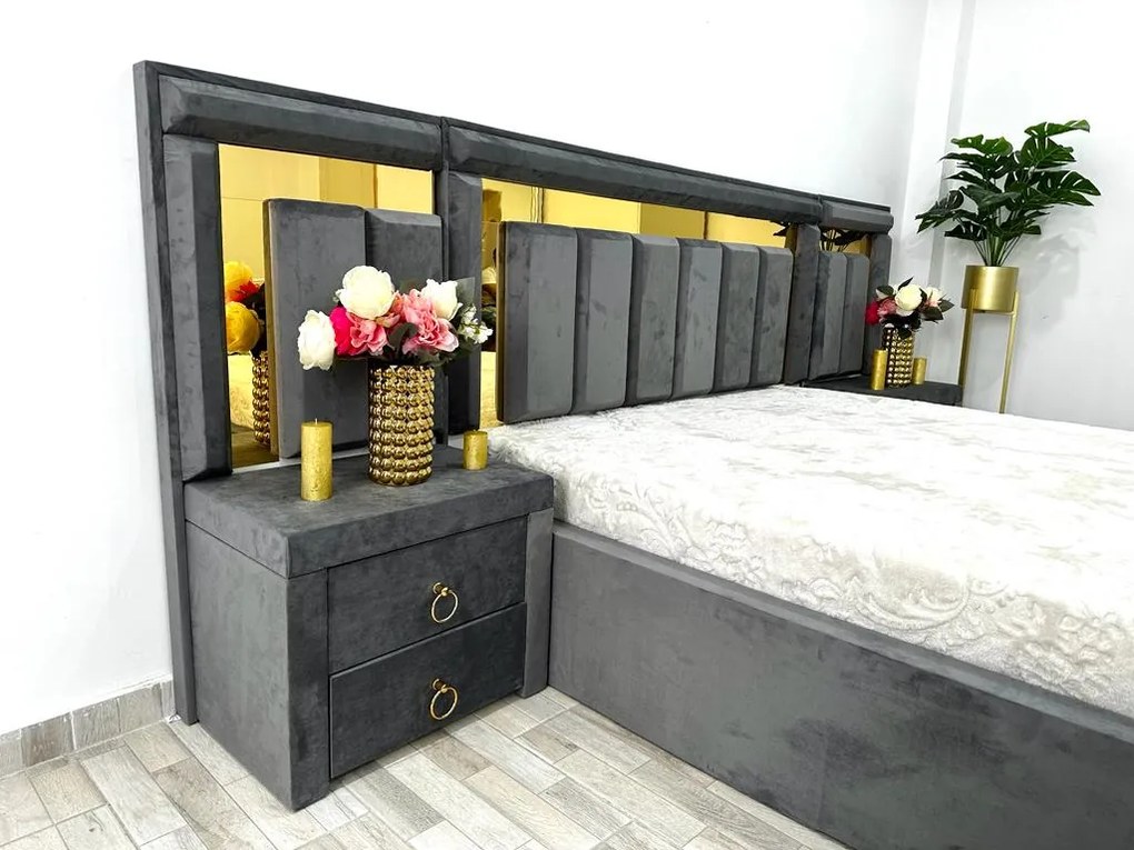Dormitor Napoli, culoare gri / alb, cu pat Napoli 160 x 200 cm, dressing Erika 150 cm si 2 noptiere Napoli