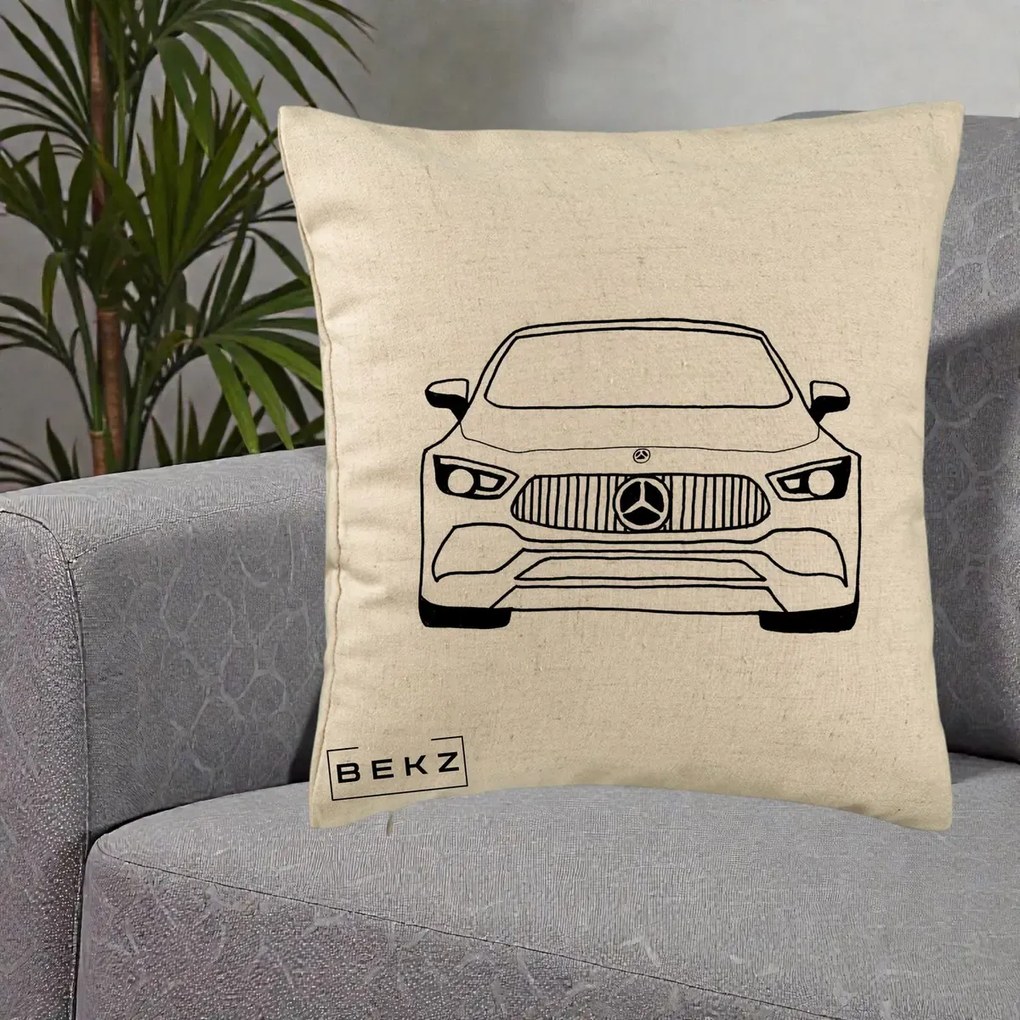 Perna Personalizata Mercedes-Benz Fata Linie, 40x40 cm, Bej, Husa Detasabila, Perna Inclusa, BEKZ®