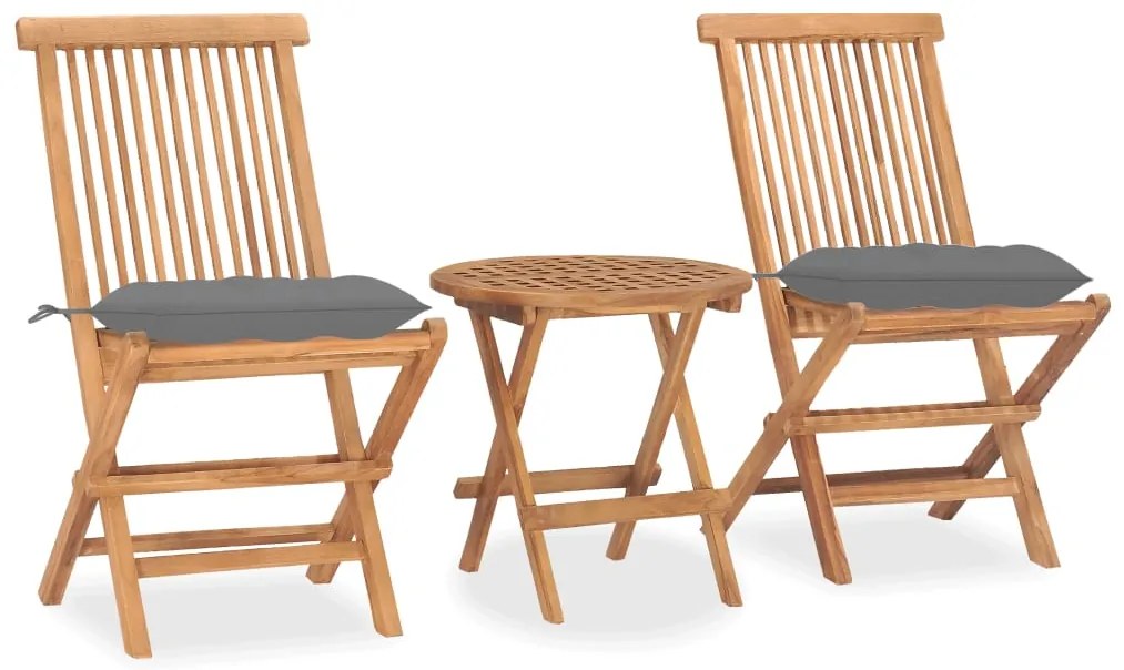 vidaXL Set mobilier pliabil exterior cu perne 3 piese, lemn masiv tec