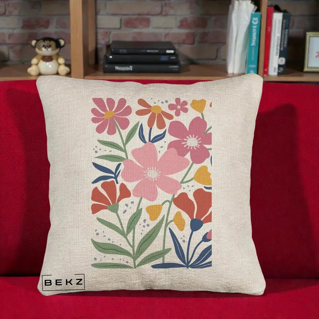 Perna Decorativa Flori Grafice Roz si Terracotta, 40x40 cm, Bej Canapea, Husa Detasabila, Perna Inclusa, BEKZ®