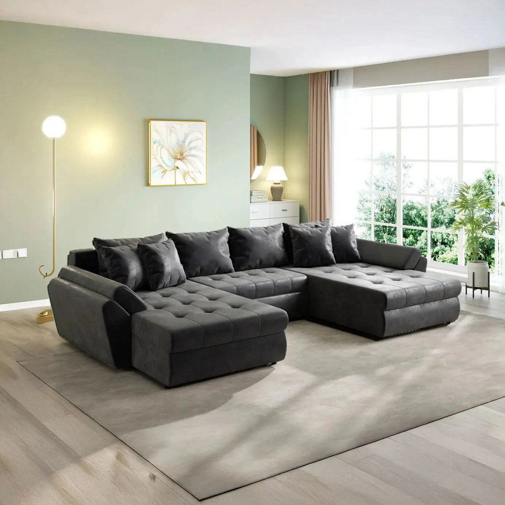 Colțar extensibil dumonde cu ladă de depozitare si sezut confortabil din spuma high-density, Loana U Madagaskar Black 355x185 cm