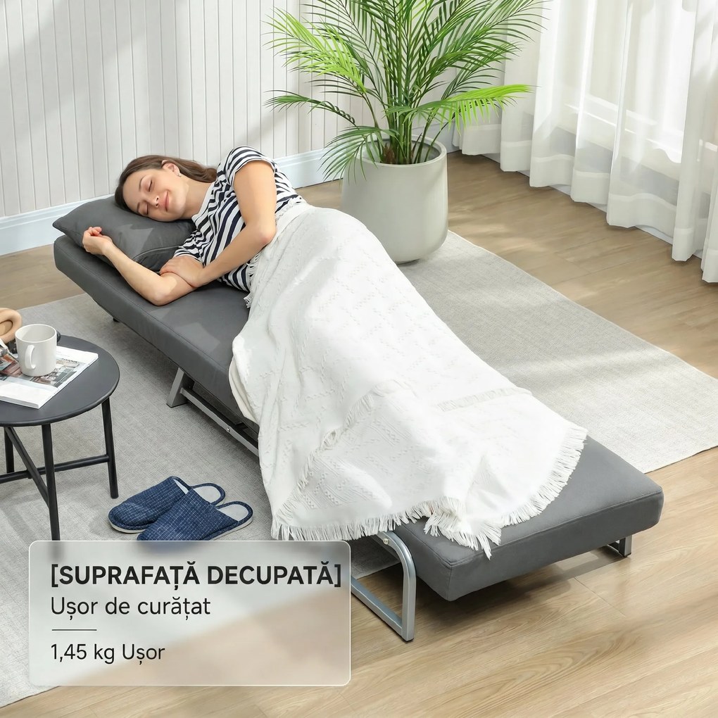 HOMCOM Fotoliu Pat 3 în 1 cu Spătar Reclinabil pe 5 Nivele, din Țesătură Efect de In, 73x78x81 cm, Gri Închis | Aosom Romania