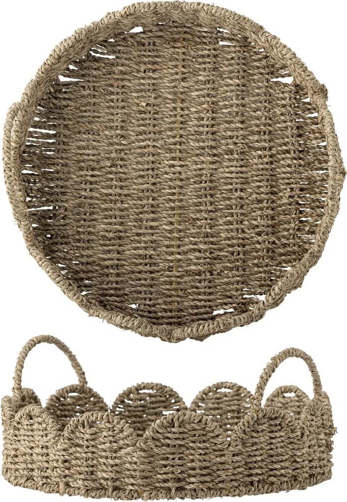Tavă de servire rotundă din iarbă de mare împletită, natur, cu margine ondulată și mânere, 35x14,5 cm, „Brea"