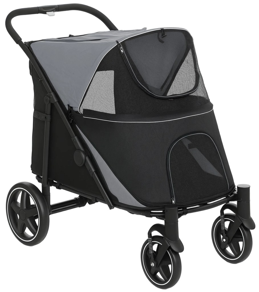 PawHut Cărucior Pliabil pentru Câini cu 4 Roți, Intrări cu Fermoar și Ferestre din Plasă, 112x65x100 cm, Gri | Aosom Romania