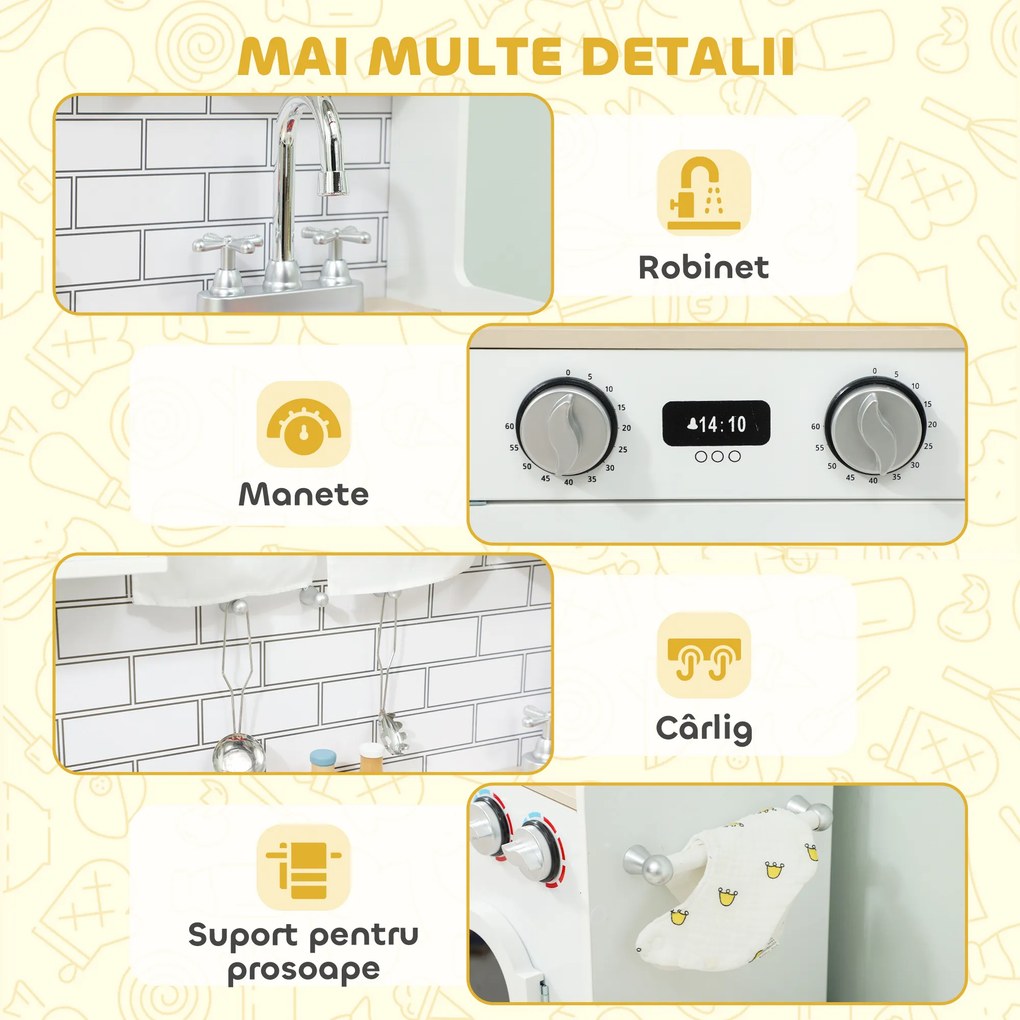 AIYAPLAY Bucătărie de Jucărie pentru Copii 3-6 Ani din Lemn cu Set de Accesorii, Chiuvetă și Butoane cu Sunete, Alb | Aosom Romania