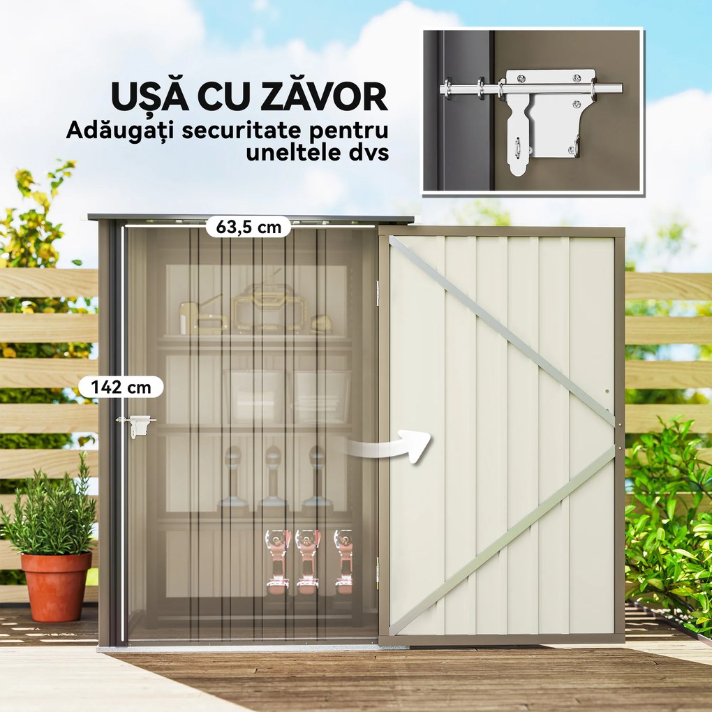 Outsunny Căsuță de Grădină 0.92m² din Oțel Galvanizat, Căsuță pentru Unelte cu Ușă Blocabilă și Acoperiș Înclinat, 100x104x160 cm, Maro și Gri Închis | Aosom Romania