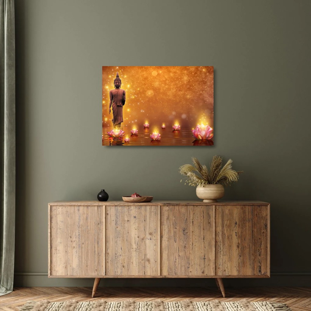 Tablou pe sticlă - Buddha în sclipici auriu (70x50 cm)