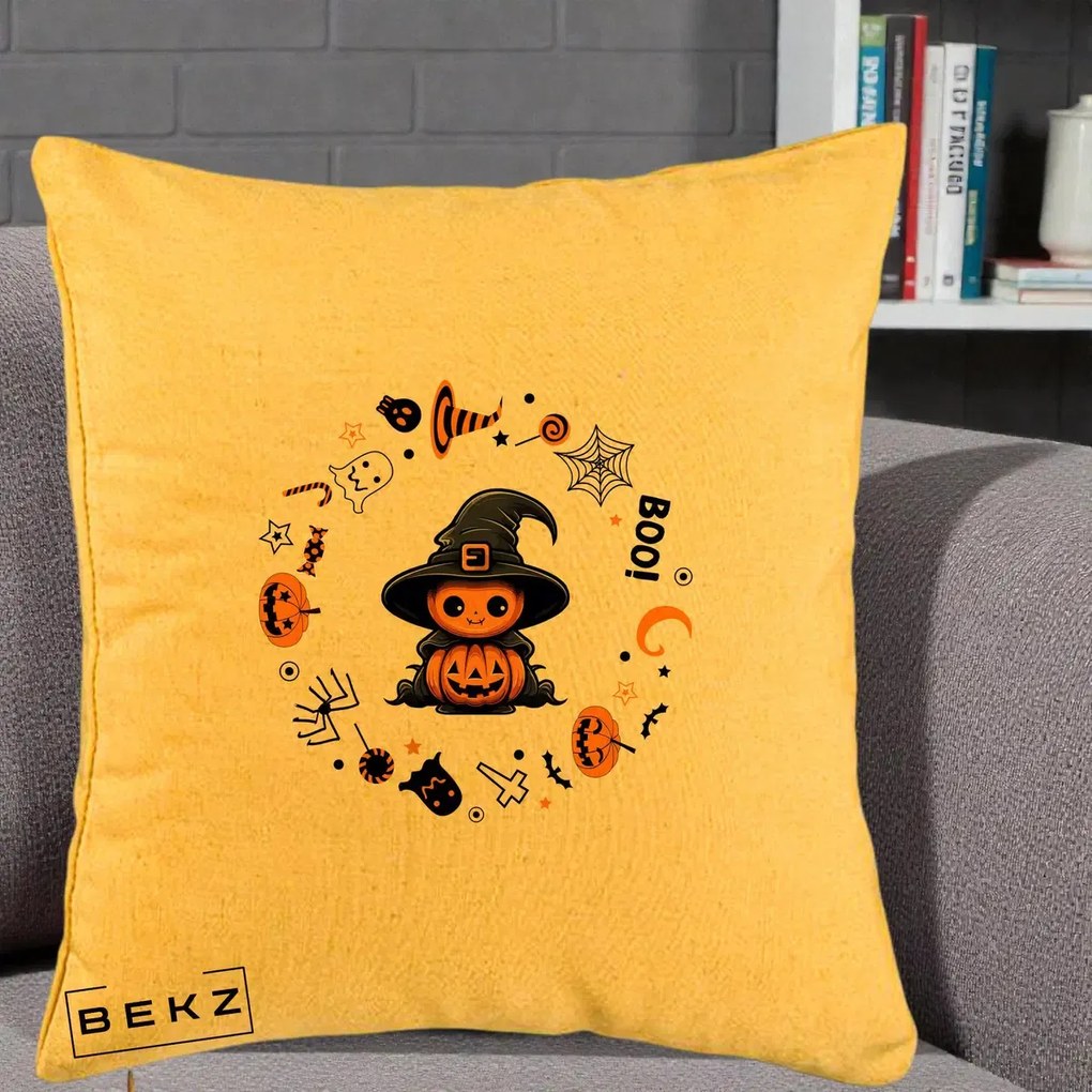 Perna Decorativa Halloween Dovleac Vrajitor Boo cu Simboluri, 40x40 cm, Galben, Husa Detasabila, Perna Inclusa, BEKZ®