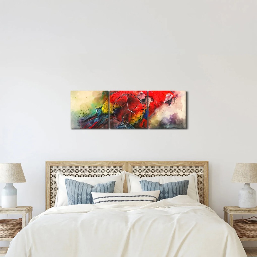Tablou - Papagali roșii ara (cu ceas) (90x30 cm)