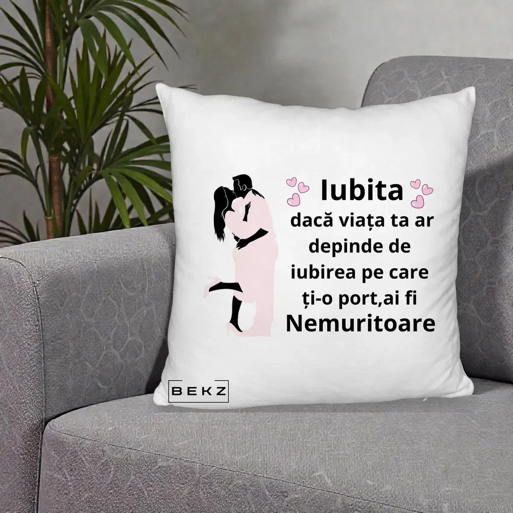 Cadou pentru Iubita - Perna Personalizata Iubita Nemuritoare cu Siluete de Cuplu, 40x40 cm, Alb Pufos, Husa Detasabila, Perna Inclusa, BEKZ®