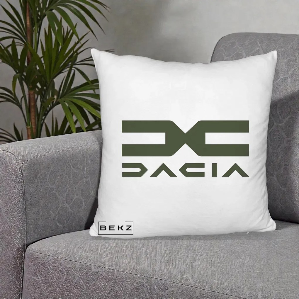 Perna Personalizata cu emblema Dacia, 40x40 cm, Alb Pufos, Husa Detasabila, Perna Inclusa, BEKZ®