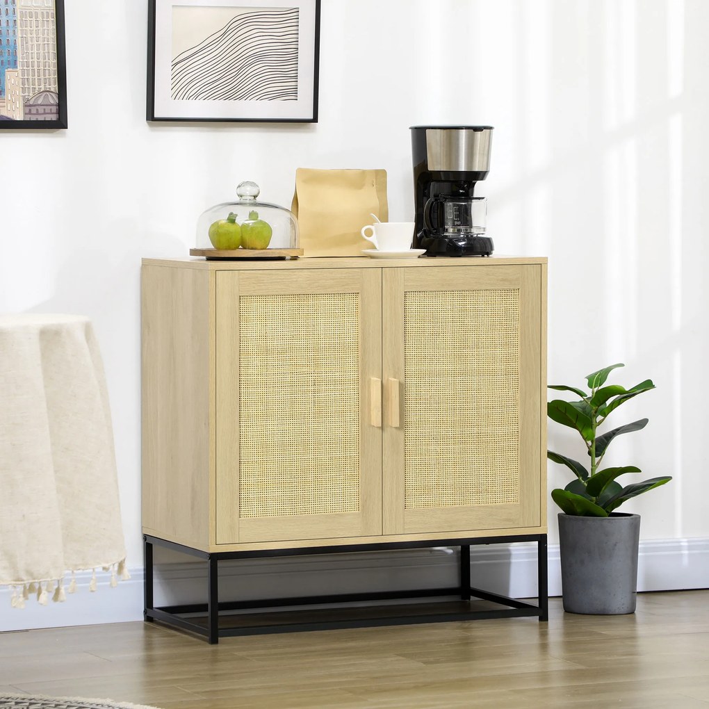 HOMCOM Bufet joasă de stil boem cu dulap 2 uși ratan țesut raft ajustabil în înălțime 80 x 40 x 80 cm natural | Aosom Romania