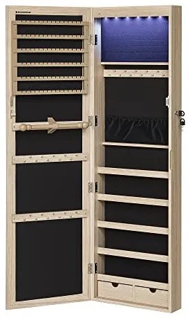 Dulap bijuterii suspendat cu oglinda, MDF melaminat / catifea, stejar, Songmics