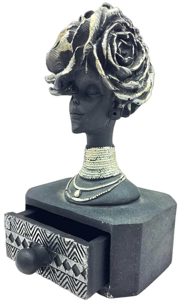 Statueta africana - Caseta bijuterii ZURI, Negru  Argintiu