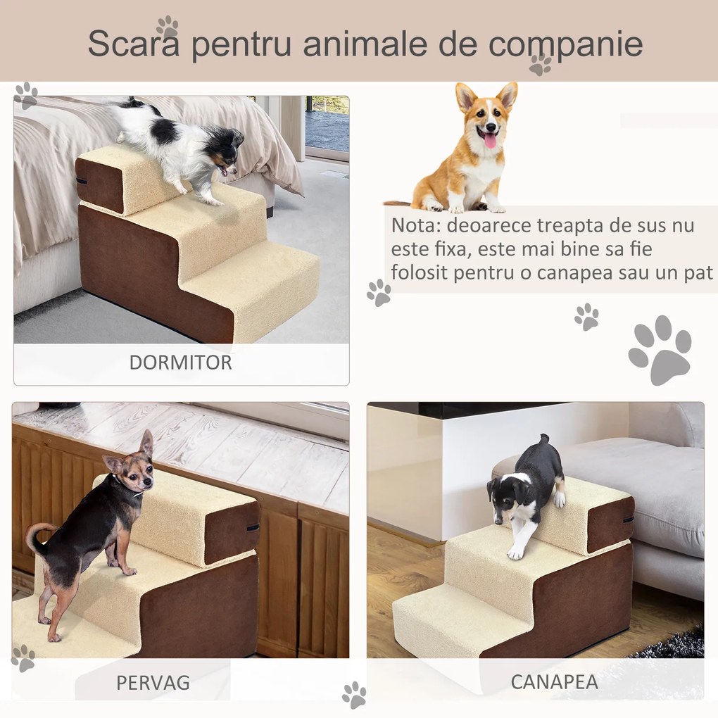 PawHut Scara pentru animale domestice cu 3 trepte Moi, invelis detasabil | Aosom Romania