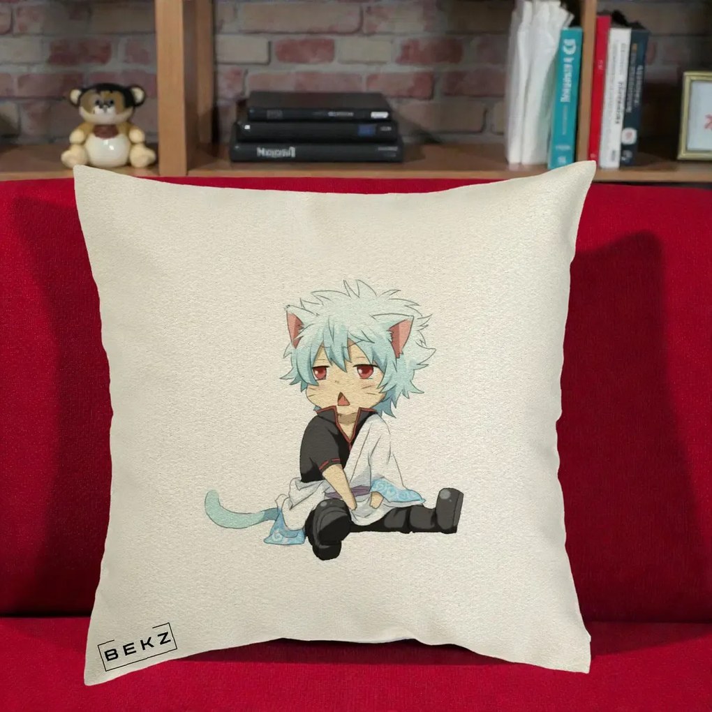 Perna Personalizata Gintama Gintoki Chibi Pisica, 40x40 cm, Ecru, Husa Detasabila, Perna Inclusa, BEKZ®
