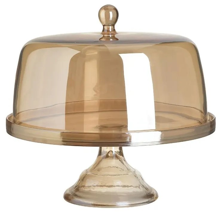 Platou din sticla cu picior si capac Amber 29 cm x 30 cm